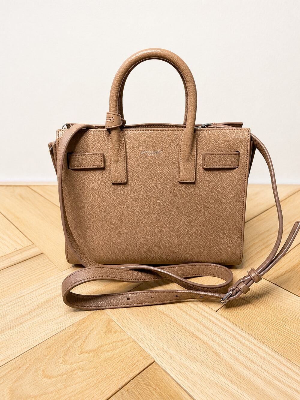 Saint Laurent YSL Sac de Jour Nano Taupe Grained Leather Crossbody Bag